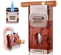 Briquet Torche à cigares avec Coupe-Cigare en V et Porte-cigares, Briquet au Butane réglable et résistant au Vent, fenêtre Transparente Visible, sans Butane(Brown)