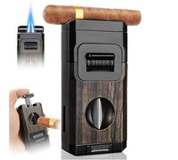 Briquet Torche à cigares avec Coupe-Cigare en V et Porte-cigares, Briquet au Butane réglable et résistant au Vent, fenêtre Transparente Visible, sans Butane(Black)