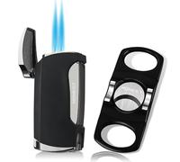Briquet torche à double jet de flamme de poche, résistant au vent, au butane et au gaz - Ensembles cadeaux avec cutter pour hommes (Noir)