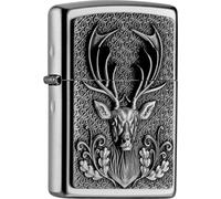 Zippo Briquet Regular Chrome satiné – Emblème tête de cerf, rechargeable, boîte cadeau