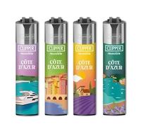 Briquets Métalliques Clipper Collection Côte d'Azur, Rechargeables, Designs French Riviera Ensoleillés, Lot de 4, Finition Métallisée