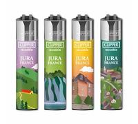 Briquets Métalliques Clipper Collection Jura, Rechargeables, Designs Paysages Montagneux, Lot de 4, Finition Métallisée