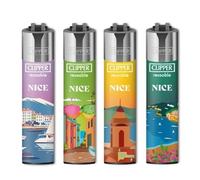 Briquets Métalliques Clipper Collection Nice, Rechargeables, Designs Colorés Côte d'Azur, Lot de 4, Finition Métallisée