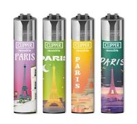 Briquets Métalliques Clipper Collection Paris, Rechargeables, Designs Capitale, Lot de 4, Finition Métallisée