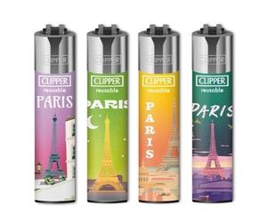 Briquets Métalliques Clipper Collection Paris, Rechargeables, Designs Capitale, Lot de 4, Finition Métallisée