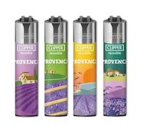 Briquets Métalliques Clipper Collection Provence, Rechargeables, Designs Paysages Lavande, Lot de 4, Finition Métallisée