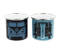 BRISA VW Collection Volkswagen Set de 2 grandes tasses en émail pour le café et le thé, pour le camping (Bus Front/Noir & Pétrole)