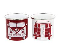 BRISA VW Collection Volkswagen Set de 2 grandes tasses en émail pour le café et le thé, pour le camping (Bus Avant/Blanc & Rouge)