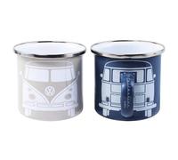 BRISA VW Collection Volkswagen Set de 2 grandes tasses en émail pour le café et le thé, pour le camping (Bus Avant/Bleu & Gris)