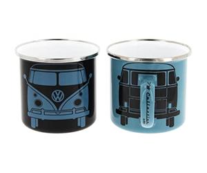 BRISA VW Collection Volkswagen Set de 2 grandes tasses en émail pour le café et le thé, pour le camping (Bus Front/Noir & Pétrole)