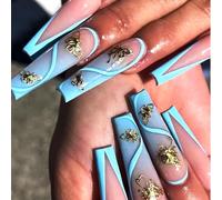 Brishow Long faux ongles français bleu faux ongles or papillon ongles ensemble complet de stickers à ongles 24pcs pour les femmes et les filles