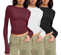 Briskorry T-shirt à manches longues pour femme Y2K, haut court pour femme, haut ventre nu, t-shirt moulant, manches longues, col rond, haut sexy, sous-vêtement uni, classique, streetwear 2024