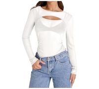 Briskorry Y2K T-shirt à manches longues pour femme - Blanc - Manches longues - Extensible - Col rond - Élégant - Clean - Vêtements pour filles - Maille solide - Streetwear - Adolescentes et filles