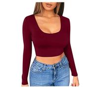 Briskorry Y2K Top blanc Crop Top Y2K Aesthetic, haut moulant ventre nu, T-shirt à manches longues, col rond, t-shirt athlétique Y2K Clean Girl, vêtements uni, classique, streetwear, adolescent