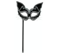 Bristol Novelty EM424 Cat Mask on Stick Black and Silver Pack of 1 Eye, Wome