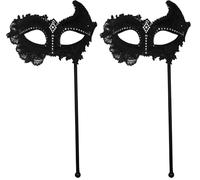 Bristol Novelty Masque avec Dentelle, en Pet, Polyester, Tissu, Pierre en Acrylique, avec bâton en Plastique, Noir, Taille Unique Halloween (Lot de 2)
