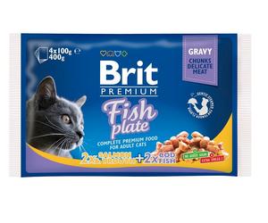 BRIT Cat Adult Fish Plate - 2 avec more en sauce & 2 avec saumon & truite en sauce - 4x100g