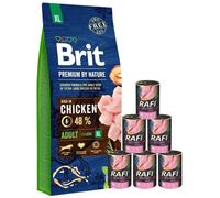 BRIT Premium By Nature Adult Extra Large XL - nourriture complète au poulet pour chiens adultes de très grandes races - 15 kg + nourriture humide avec dinde 6x400 g