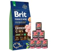 BRIT Premium By Nature Junior Extra Large XL - Nourriture complète avec du poulet pour les chiots de très grandes races - 15 kg + nourriture humide avec veau 6x400 g