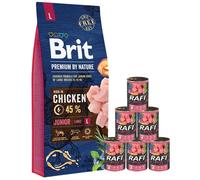 BRIT Premium By Nature Junior Large L - Poulet pour les chiots de grandes races - 15 kg + nourriture humide avec veau 6x400 g