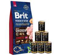 BRIT Premium By Nature Senior Large Extra Large L+XL - Nourriture complète au poulet pour les chiens âgés de grandes et très grandes races - 15 kg + nourriture humide avec volaille 6x1240 g