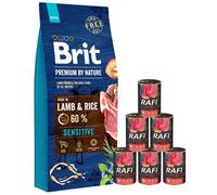 BRIT Premium By Nature Sensitive Lamb - Nourriture à base d'agneau et de riz pour chiens adultes ayant un tube digestif sensible - 15 kg + nourriture humide avec bœuf 6x400 g