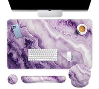 Britimes Ensemble de tapis de souris 4 en 1 avec repose-poignet pour clavier + repose-poignet + dessous de verre - Design ergonomique pour ordinateur de bureau à domicile - Violet et rose - Marbré