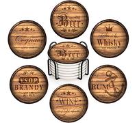 Britimes Lot de 6 Dessous de Verre absorbants avec Base en liège, Support en métal, Tapis Rond en Bois pour Table Basse en Bois, Cadeau d'anniversaire, Pendaison de crémaillère, Bar, décoration rétro