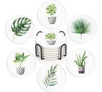 Britimes Lot de 6 Dessous de Verre absorbants en Forme de Feuilles Vertes avec Base en liège, Support en métal, Tapis Rond en Pierre pour Table Basse en Bois, Cadeau pour Anniversaire, Pendaison de