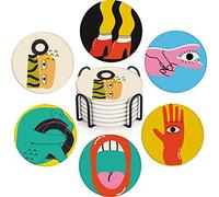 Britimes Lot de 6 Dessous de Verre pour Boissons, Mignon, drôle, Vintage, Musique rétro, géométrique, café, Tapis Rond en céramique, avec Base en liège et Support en métal, Cadeau pour Pendaison de