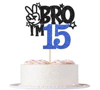 BRO I'm 15 Décoration de gâteau à paillettes Bro I'm 15 ans Décoration de gâteau d'anniversaire pour prost sur 15 ans Enfants 15e anniversaire Fête Décoration de gâteau Noir Bleu