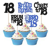 Bro I'm Lot de 30 décorations de gâteau à paillettes Cheers to 18 Cupcake Toppers Bruh I'm 18 décorations de gâteau pour prost à dix-huit ans Anniversaire Fête Décorations de gâteau Noir Bleu