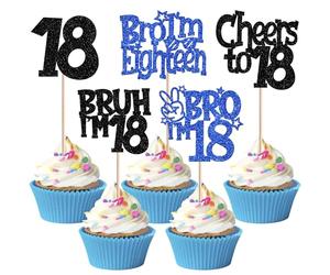Bro I'm Lot de 30 décorations de gâteau à paillettes Cheers to 18 Cupcake Toppers Bruh I'm 18 décorations de gâteau pour prost à dix-huit ans Anniversaire Fête Décorations de gâteau Noir Bleu