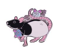 Broche à capuche en forme de rat en émail noir avec motif de souris et fleurs
