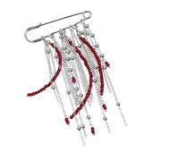 Broche artisanale vintage avec perles rouges et chaînes à pompons - Accessoire de décoration
