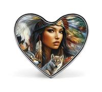 Broche/badge/badge représentant une femme amérindienne louve en forme de cœur, accessoire de mode pour hommes et femmes.