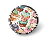 Broche/badge circulaire tendance en métal avec motif cupcakes, donuts et muffins, idéal pour décorer un col ou offrir en cadeau.