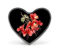 Broche/badge en aluminium en forme de cœur avec motif de fleurs de buisson ardent, idéal pour décorer sacs à dos et chapeaux.