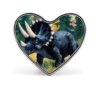 Broche/badge en aluminium en forme de cœur représentant un tricératops noir, idéal pour décorer sacs à dos et chapeaux.