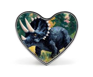 Broche/badge en aluminium en forme de cœur représentant un tricératops noir, idéal pour décorer sacs à dos et chapeaux.