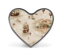 Broche/badge en aluminium en forme de cœur représentant un voilier, des pirates et une montgolfière, idéal pour décorer sacs à dos et chapeaux.