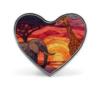 Broche/badge en aluminium en forme de cœur représentant une girafe et un éléphant de la savane africaine, idéal pour décorer sacs à dos et chapeaux.