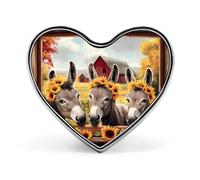 Broche/badge en forme de cœur représentant trois ânes et des tournesols, accessoire de mode et de bijoux pour hommes et femmes.