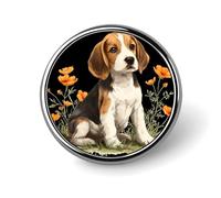 Broche/Badge Rond en Aluminium élé représentant Un Chiot Beagle et Une Fleur Orange, idéal pour vêtements, Sacs à Dos et Chapeaux.