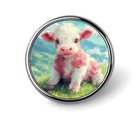 Broche/Badge Rond en Aluminium élégant, représentant Une Vache aux Fraises Assise dans Un Champ herbeux. Idéal pour vêtements, Sacs à Dos et Chapeaux.