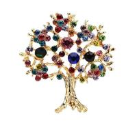 Broche bijou arbre de vie acier doré et strass cristal multicolore.