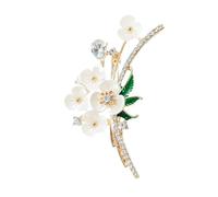 Broche branche florale coquille blanche or pour les femmes, émail vert feuille & cristal clair épinglette, élégant Nature inspiré manteau bijoux