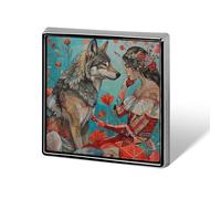 Broche carrée en alliage d'aluminium, épingle à revers, femme et loup, badge décoratif pour hommes et femmes, sacs à dos, vêtements, vestes, cadeau