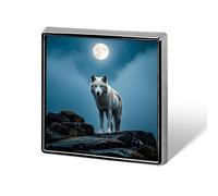 Broche carrée en alliage d'aluminium, motif « Le loup blanc sur le rocher », badge décoratif pour homme et femme, sac à dos, vêtements, vestes, cadeau