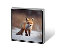 Broche carrée en métal avec imprimé renard mignon, idéale pour les sacs à dos ou les revers de vestes.